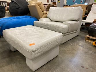 Vintage Brutalist Inspired Wide Seat Beige Leather Armchair with Ottoman