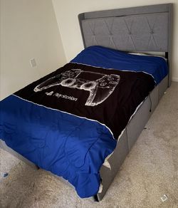 Cama Full gris con cajones y puerto usb + colchón