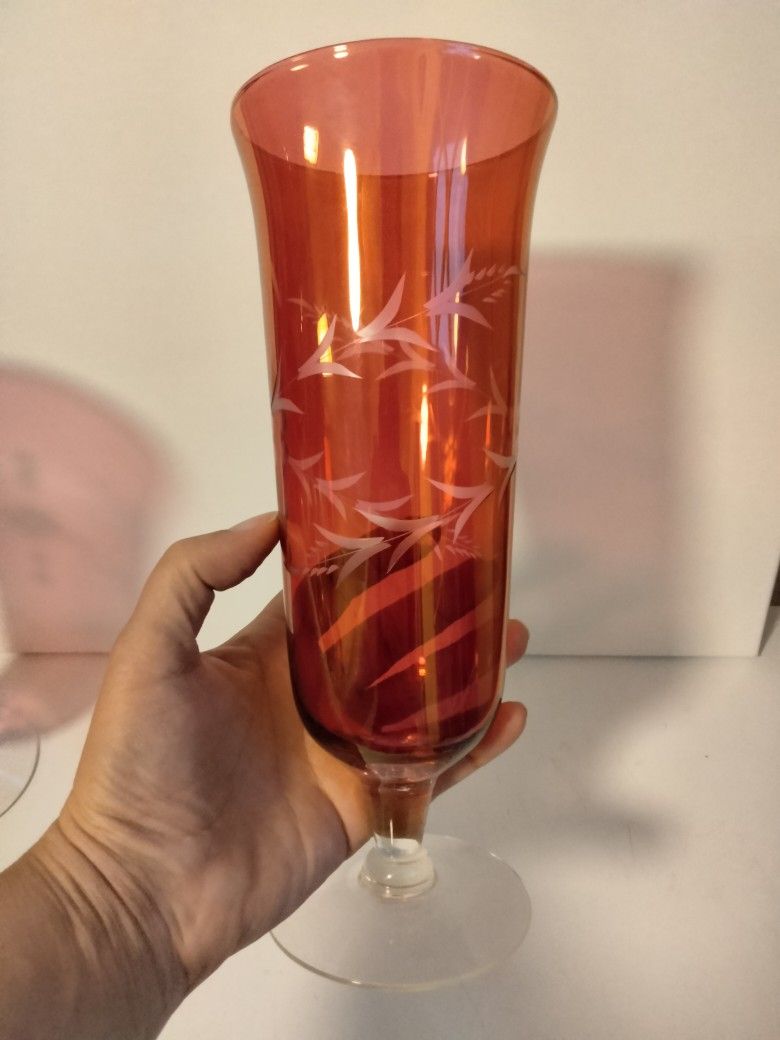 Vintage Ruby Etched Glass Vases Set Of Two