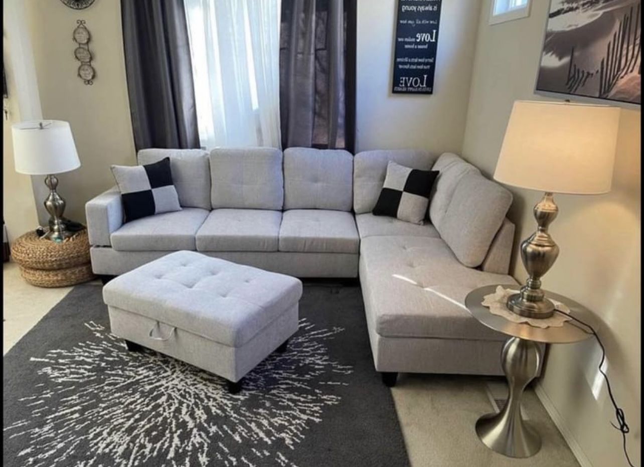 Grey Linen Sectional Couch And Ottoman