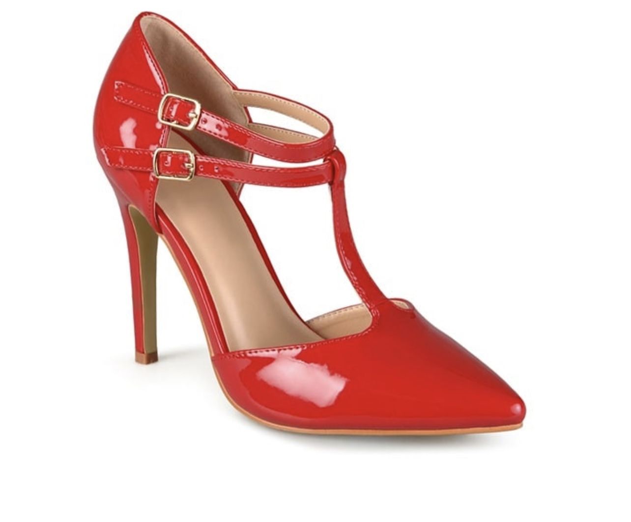Journee Collection Womens Tru T-Strap Pumps Heels Red Faux Patent Leather size 8