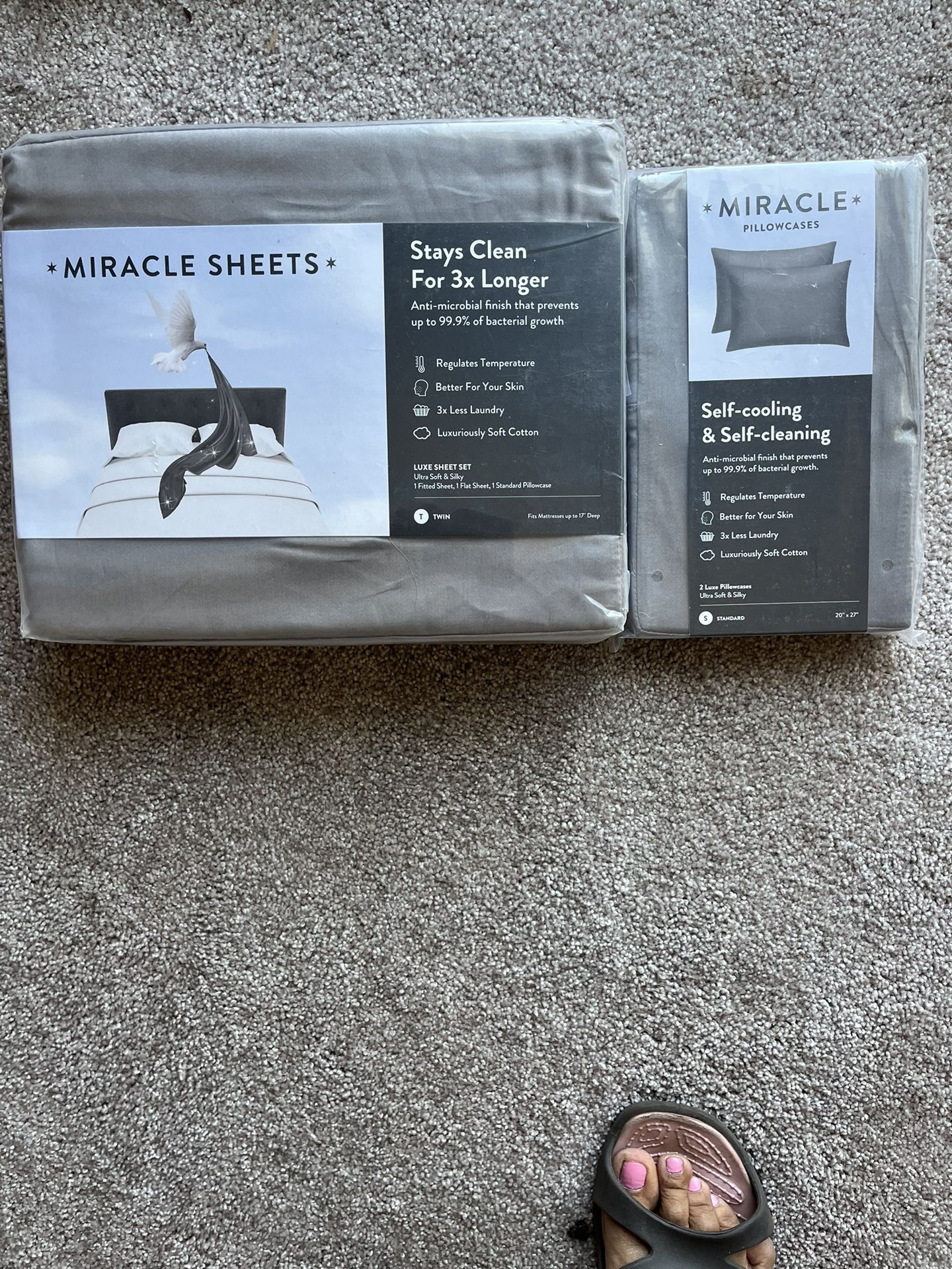 NEW Twin-Size Miracle Sheets Grey Anti-microbial Luxe Set