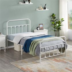 Twin Size Metal Platform Bed Frame with High Headboard and Footboard, Adult, White