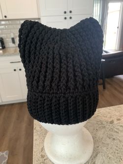 Crocheted Black Hat With Ears