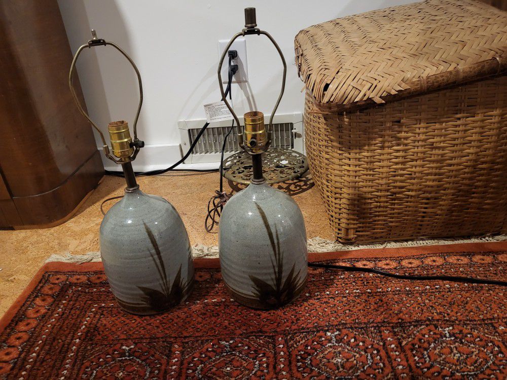 Beautiful Pair Of Stoneware Pottery Vintage Lamps