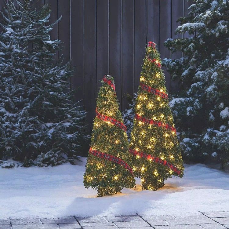 Pre-Lit Light Up Topiary Winter Garden Cone Trees 2 Piece Set