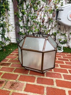 Vintage Brass & Frosted Glass Hanging Chandelier / Pendant Light