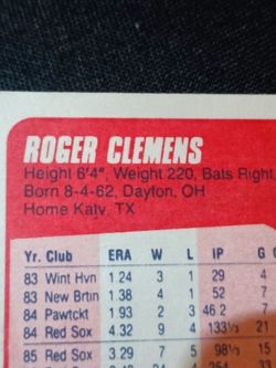 Roger Clemens " Hometown Error Typo "