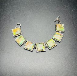 Vintage Abalone Shell Link Bracelet Chunky Green Iridescent Silver Metal Boho