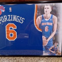 KRISTAPS PORZINGIS OF THE NEW YORK KNICKS CUSTOM,BRANDED, AUTHENTIC FRAMED JERSEY.
