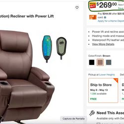 Brown Leather Standard (No Motion) Recliner with Power Lift. 164