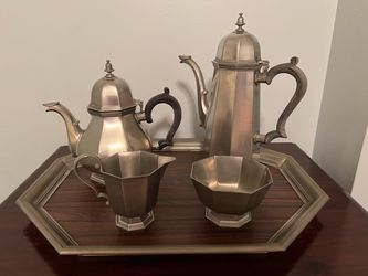Vintage Gorham Pewter Tea and Coffee Set with Octette Tray
