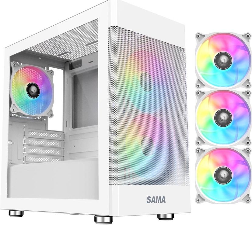 Sama ARGB-Q5-W White USB3.0 Tempered Glass Micro ATX Tower Gaming Computer Case w/ 3 x 120mm ARGB Fans (Pre-Installed)