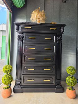 Tall black dresser chest refinished black and gold pulls 6 drawers