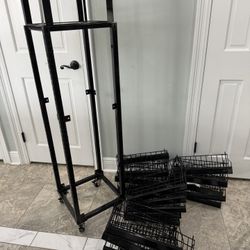 Strong and has wheels for better movement  Has 20 shelves  For storages and garage is great Shelves measured  L-14” W-9”. Alls are in metal