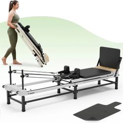 Syedee - Foldable Pilates Reformer Machine, Balanced Body Pilates Exercise Equipment with Jump Board and Storage Bag - White