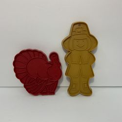 Vintage Lot of 2 Thanksgiving Plastic Cookie Cutters Hallmark Pilgrim Red Turkey