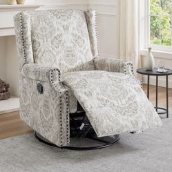 UIXE Swivel Glider Recliner Chair for Adults, High Back Nursery Rocker Living Room Upholstered Armchair in Fabric, Floral Manual Reclining Rivet Trim 
