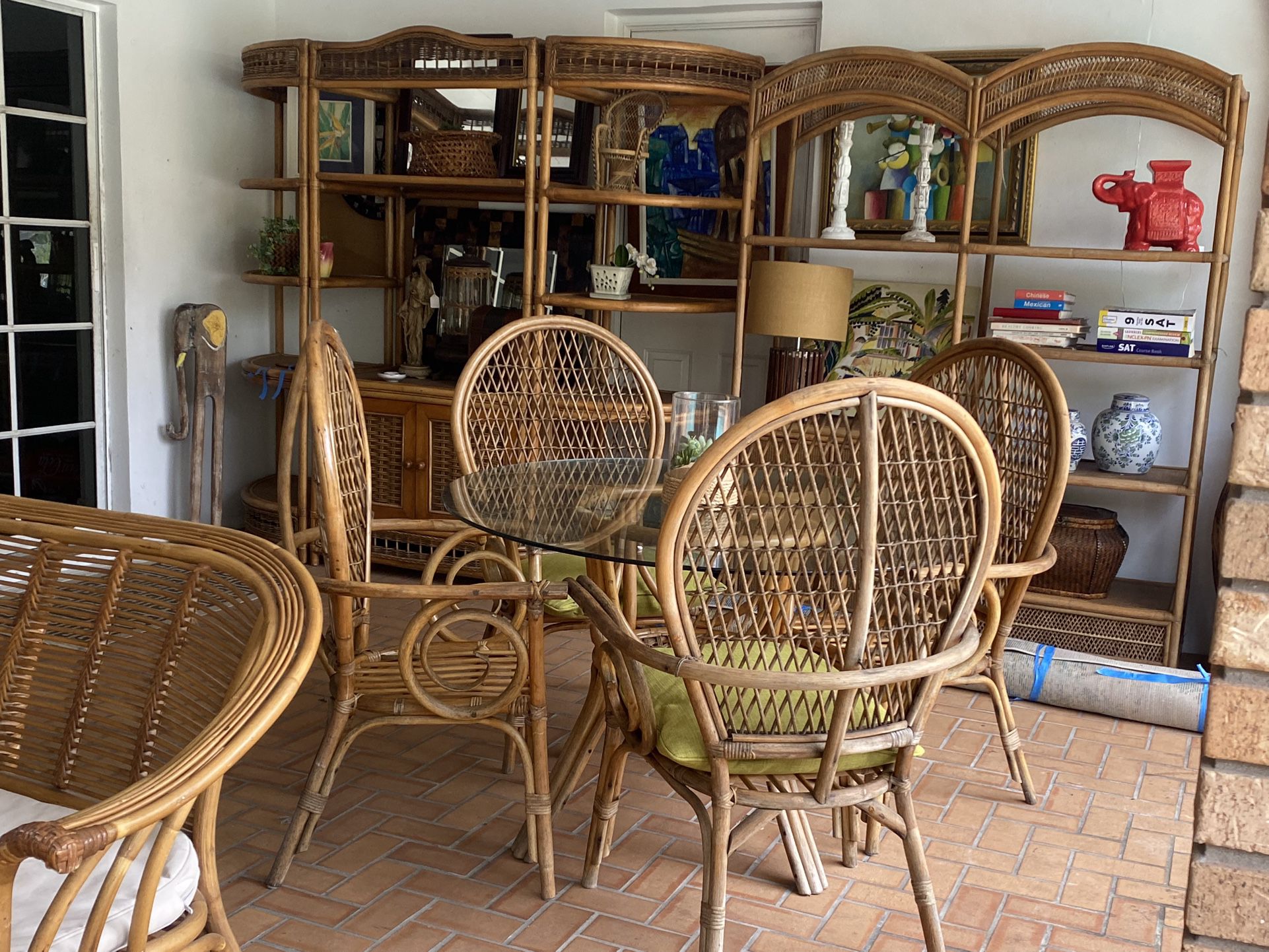 Great Rare Rattan/Wicker Dining Table W 4 Peacok Style Armchairs 