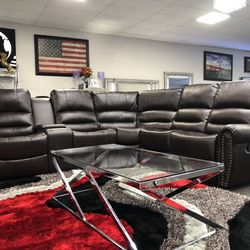 Brown Leather Sofa Sectional 2x Recliners