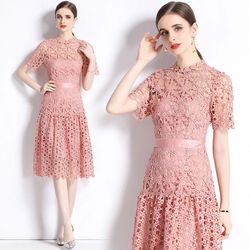 High-End Exquisite Hollow Out Crochet Lace, O-Neck, Mid Length Elegant Party, Prom, Wedding Guest,Evening, Festive Women's Vestidos