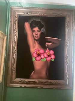 Vintage mid century Polynesian pinup velvet carve frame