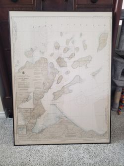 Vintage Giant Framed Apostle Mural Islands Lake Superior Map Gold