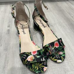 Free People Size 9 Marigold Black Green Block Heel Open Toe Strap Floral