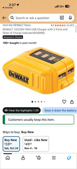 DEWALT 12V/20V MAX USB Charger with 2 Ports and State of Charge Indicator(DCB090