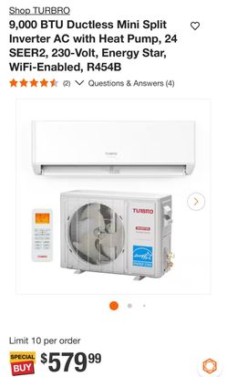 Turbro 9,000 BTU Ductless Mini Split Inverter AC with Heat Pump, 24 SEER2, 230-Volt, Energy Star, WiFi-Enabled,