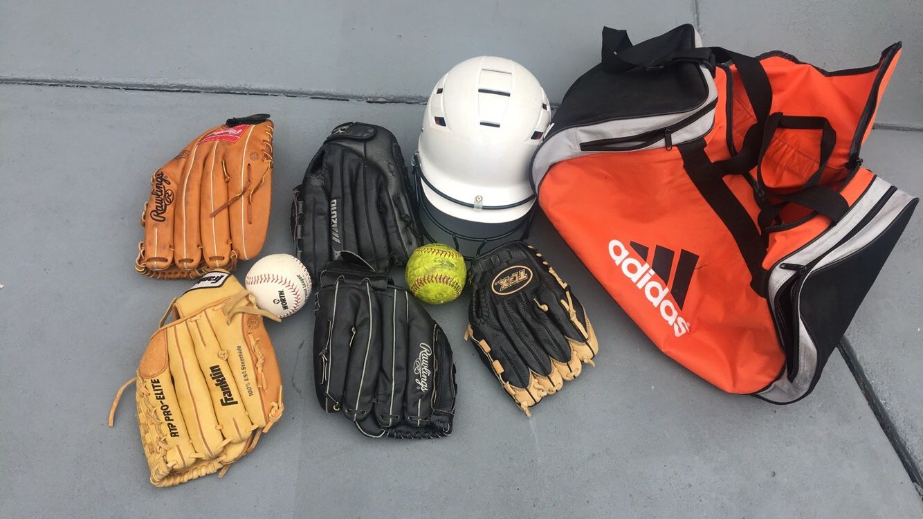 Softball Gear Baseball Gloves, Balls, Bag, and Helmet