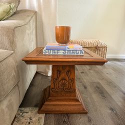 Hekman Solid Oak Carved End Table | Vintage Side Table (24x24x17 High)
