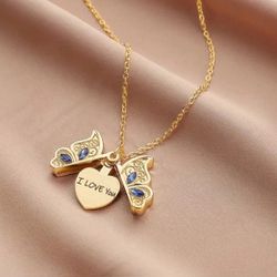 Gold Rhinestones women's lady's Butterfly Open Locket pendant necklace gift.  