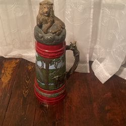 Beer Stein Mug w/ Leopard Handle & Lion Top