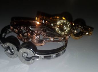 Set of 3 Stainless Steel Gold Plated Roman Numeral with CZ Crystal Bracelets