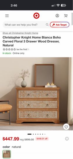 Christopher Knight Home Bianca Boho Carved Floral 3 Drawer Wood Dresser, Natural