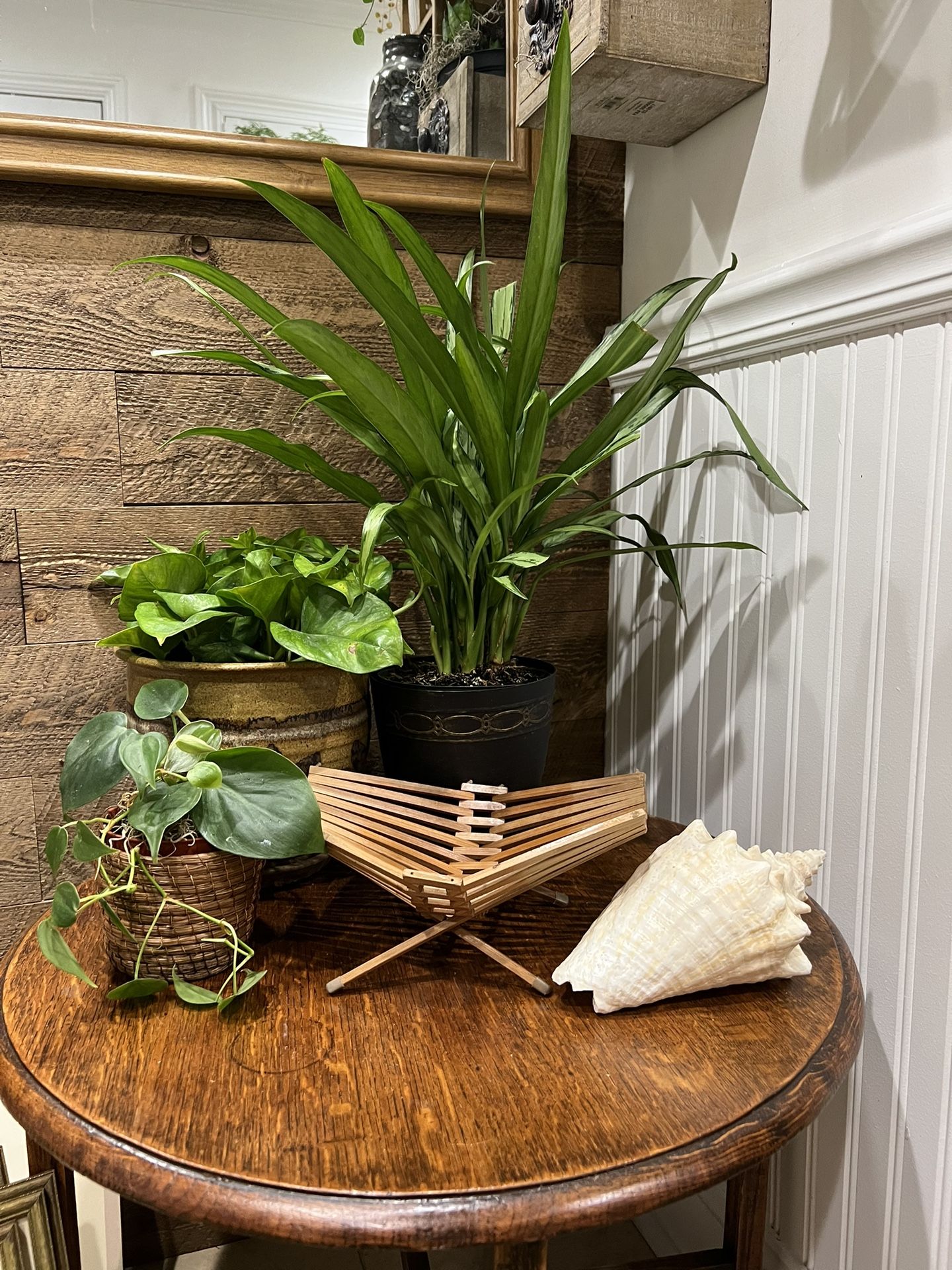 Vintage Bamboo Folding Basket Display Decor Pedestal Raised Wood Slat Catchall Trinket Holder Boho
