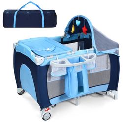 Costway Foldable Baby Crib Playpen Travel Infant Flat Bassinet Bed Mosquito Net Music with Bag Blue