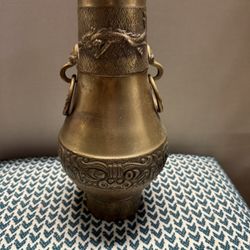 Vintage heavy sturdy brass vase with dragons- embossed- ring handles - aged