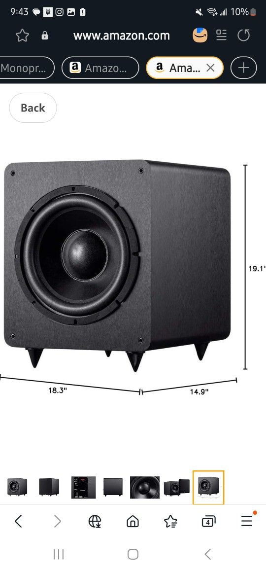 Monoprice SW 12 400 Watt RMS (600 Watt Peak) Powered Subwoofer 12 Inch, Ported Design, Variable Phase Control, Variable Low Pass Filter, F
