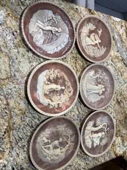 Set of 6 Incolay Decorative Relief Plates with Figural Scenes