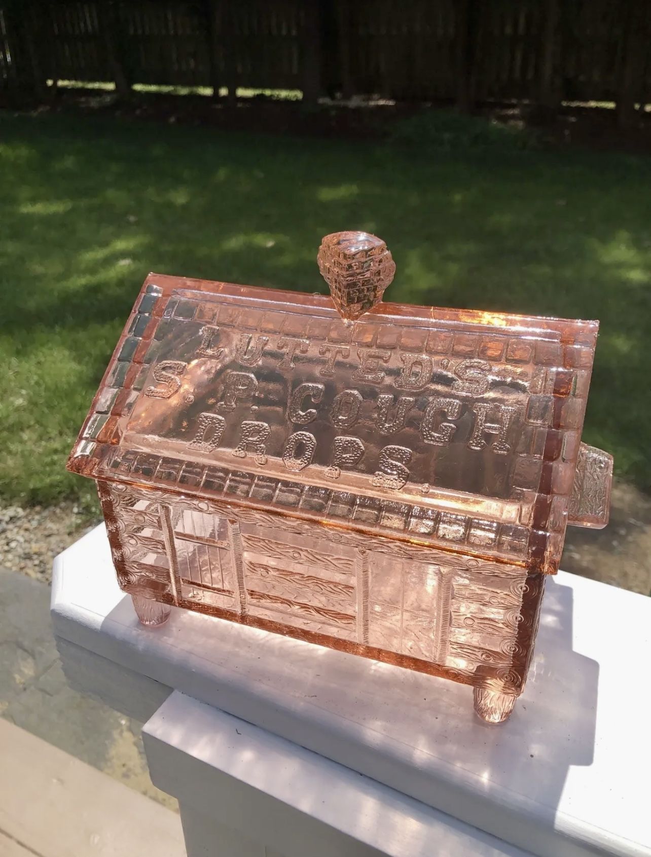 Lutted's S.P. Cough Drops Log Cabin Vintage Advertising Pressed Glass Box Pink