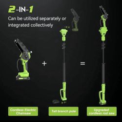 2-in-1 cordless electric chainsaw and pole saw Kit. Extends up to 9.2 feet with multi-angle rotation and 3 adjustable head positions. Includes 2 bat