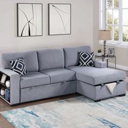 2 Piece Convertible Sectional With Fold Down Table Chaise Storage Built In Shelf Ans Wireless Charging 
