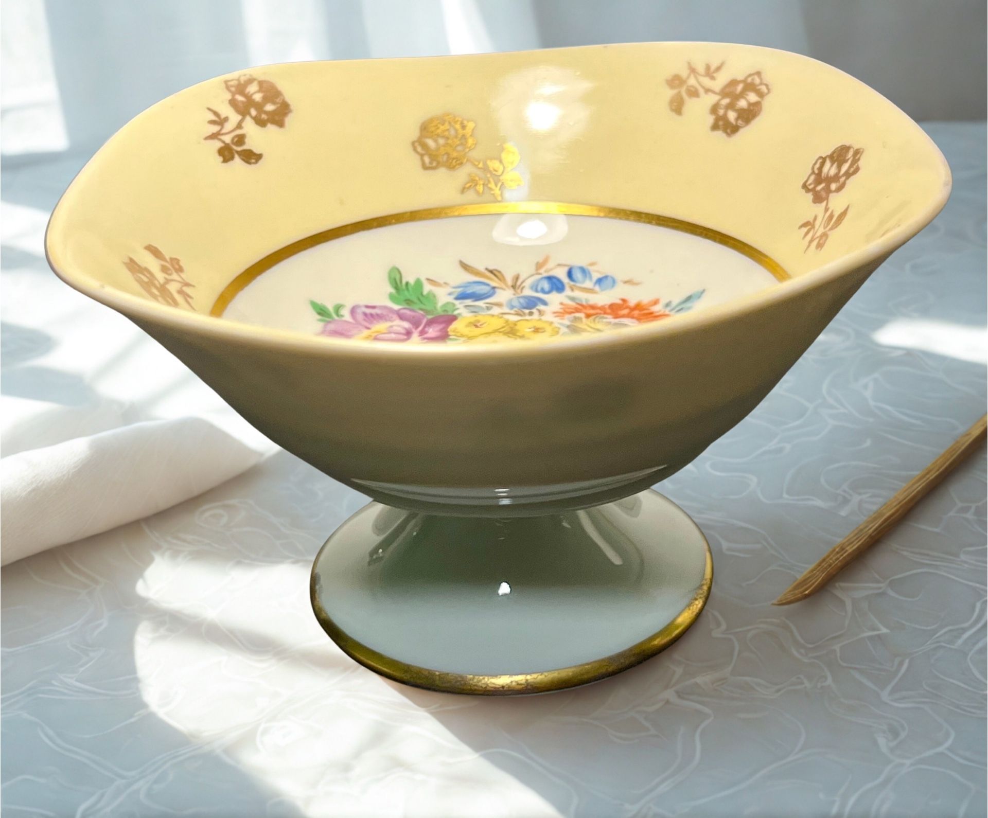 Porcelaines d’Art Limoges France 1950s Yellow Floral Pedestal Bowl, 5.25 x 3 in