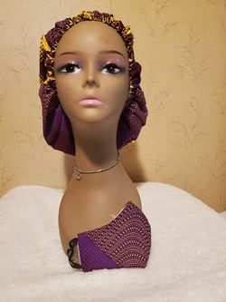 African print hair bonnets or Scrub caps with satin lined and face masks set