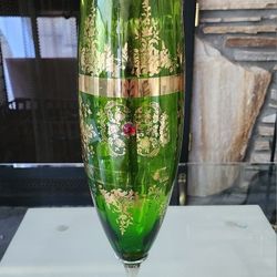 Vintage Bohemian Venetian Green Glass Vase W/Gold Etchings-Footed Stem-Tall