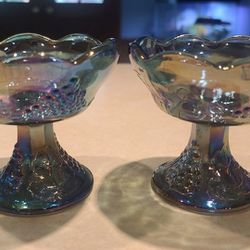 Beautiful Vintage Pair Of Blue Indiana Glass Candle Stick Holders 