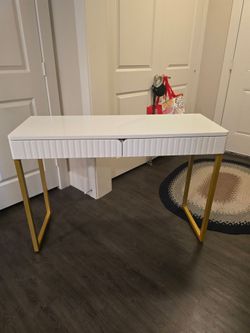Modern White Vanity Desk / Writing Desk with Gold Metal Legs – 2 Drawers