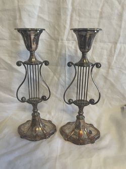 1920’s Antique Barbour Silver Plate Large Harp Candlesticks